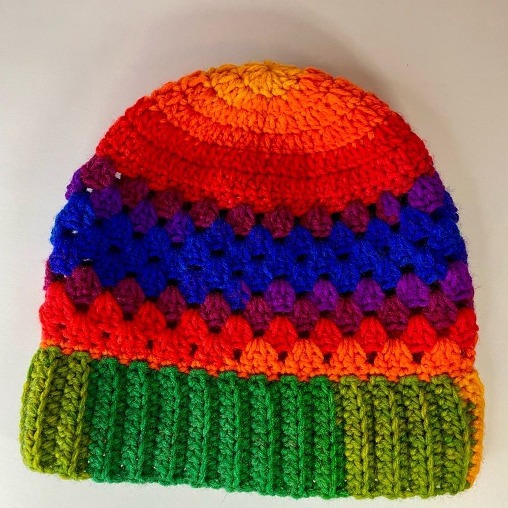 Favorite Rainbow stripe Handmade Crochet Acrylic Granny Stripe Stitch Beanie OS - Picture 9 of 10